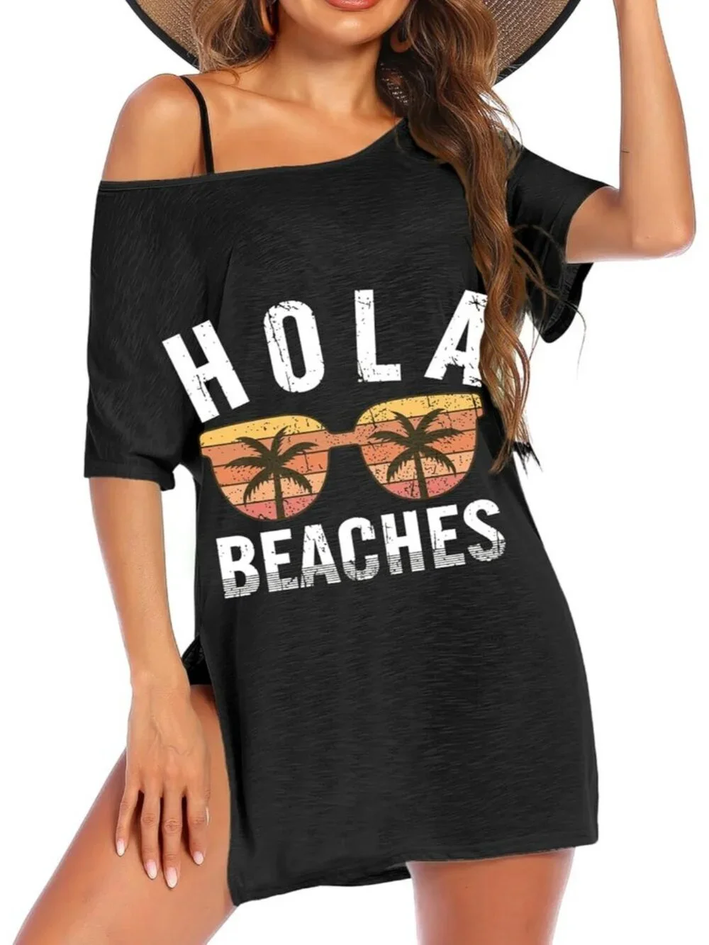 Women's Black Hola Short Sleeve Cover Ups for Beach Bathing Suit Swimwear